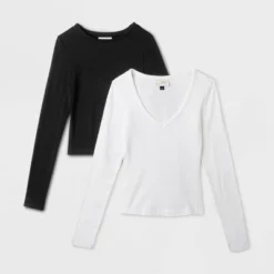 Women's 2pk Long Sleeve Shrunken Rib T-Shirt - Universal Thread™ White/Black -Avenue Sale Store GUEST 9454ecb2 4250 4b07 a359 dad972e05cf0