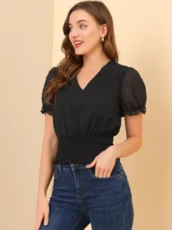 Allegra K Women's V Neck Short Puff Sleeve Swiss Dots Smocked Waist Summer Blouse