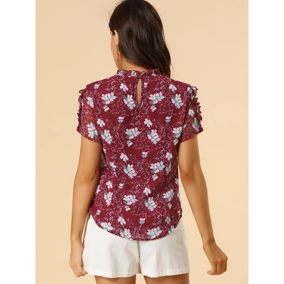 Allegra K Women's Ruffled Neck Chiffon Frill Trim Short Sleeve Floral Print Blouse Tops 4 Allegra K Women's Ruffled Neck Chiffon Frill Trim Short Sleeve Floral Print Blouse Tops - Image 4