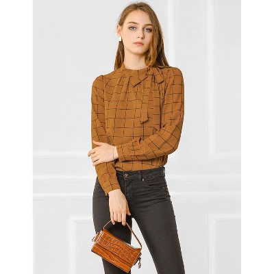 Allegra K Women's Bow Tie Neck Grid Checks Office Work Blouses 1 Allegra K Women's Bow Tie Neck Grid Checks Office Work Blouses