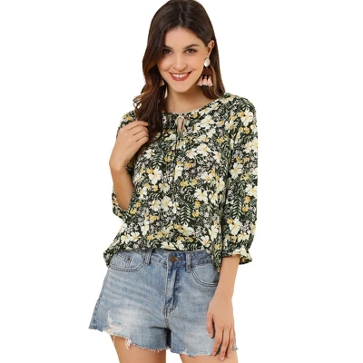 Allegra K Women's Floral Bow Tie Neck Vintage 3/4 Sleeve Blouse 6 Allegra K Women's Floral Bow Tie Neck Vintage 3/4 Sleeve Blouse - Image 6