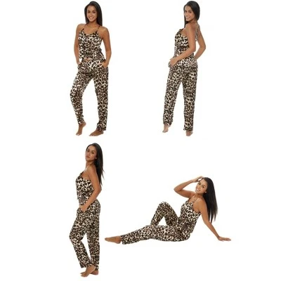 Womens Leopard Print, Satin Silk Cami Top & Pants Pajamas Lounge Set 2 Womens Leopard Print, Satin Silk Cami Top & Pants Pajamas Lounge Set - Image 2