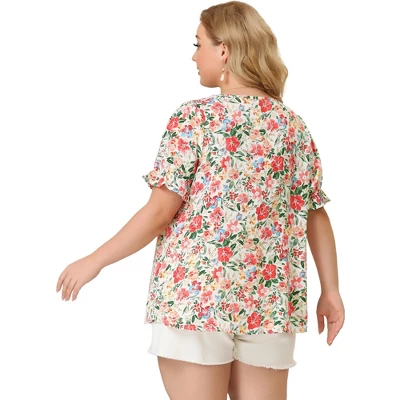 Agnes Orinda Women's Plus Size V Neck Ruffle Sleeve Floral Blouse 4 Agnes Orinda Women's Plus Size V Neck Ruffle Sleeve Floral Blouse - Image 4