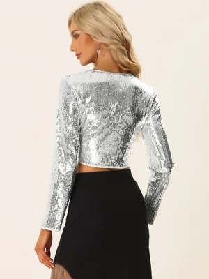 Allegra K Women's Long Sleeve V Neck Sparkly Shiny Party Blouses 2 Allegra K Women's Long Sleeve V Neck Sparkly Shiny Party Blouses - Image 2