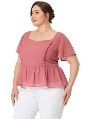 Agnes Orinda Women's Plus Size Peplum Sweetheart Neck Swiss Dots Blouse 2 Agnes Orinda Women's Plus Size Peplum Sweetheart Neck Swiss Dots Blouse - Image 2