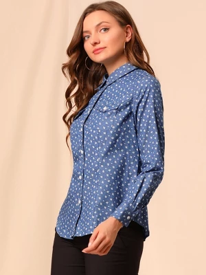 Allegra K Women's Point Collar Chest Pockets Button Down Dots Shirt 1 Allegra K Women's Point Collar Chest Pockets Button Down Dots Shirt