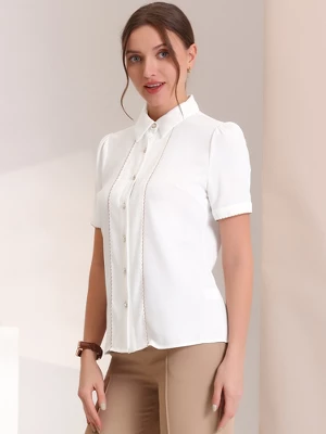 Allegra K Women's Contrast Trim Point Collar Puff Short Sleeve Button Down Shirt 3 Allegra K Women's Contrast Trim Point Collar Puff Short Sleeve Button Down Shirt - Image 3