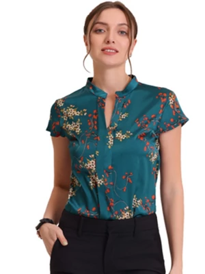 Allegra K Women's Satin Stand Collar Work Cap Sleeve Floral Blouse 5 Allegra K Women's Satin Stand Collar Work Cap Sleeve Floral Blouse - Image 5