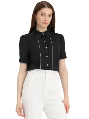 Allegra K Women's Contrast Trim Point Collar Puff Short Sleeve Button Down Shirt 6 Allegra K Women's Contrast Trim Point Collar Puff Short Sleeve Button Down Shirt - Image 6