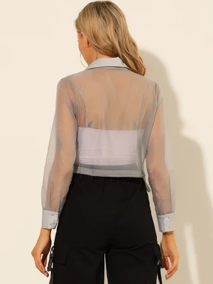 Allegra K Women's Button Front Tie Hem Point Collar Mesh Sheer Long Sleeve Shirt 4 Allegra K Women's Button Front Tie Hem Point Collar Mesh Sheer Long Sleeve Shirt - Image 4