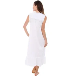 Women's Cotton Victorian Nightgown, Miriam Sleeveless Lace Trimmed Ruffled Long Vintage Night Dress Gown