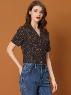 Allegra K Women's Heart-Shaped Polka Dots V Neck Short Sleeve Button Down Vintage Blouse