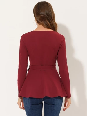 Allegra K Women's Ruffle Peplum Top Elegant Long Sleeve Self Tie Waist Work Blouse Shirt 2 Allegra K Women's Ruffle Peplum Top Elegant Long Sleeve Self Tie Waist Work Blouse Shirt - Image 2