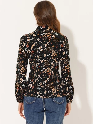 Allegra K Women's Puff Sleeve Floral Top Long Sleeve Button Down Shirt 2 Allegra K Women's Puff Sleeve Floral Top Long Sleeve Button Down Shirt - Image 2