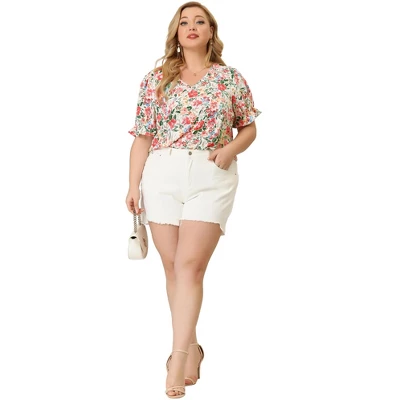 Agnes Orinda Women's Plus Size V Neck Ruffle Sleeve Floral Blouse 2 Agnes Orinda Women's Plus Size V Neck Ruffle Sleeve Floral Blouse - Image 2