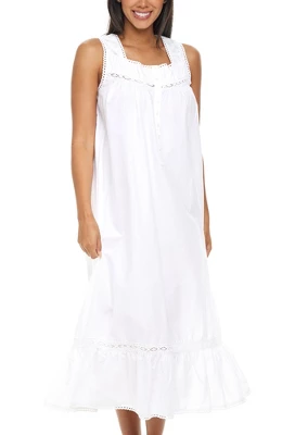 Women's Cotton Victorian Nightgown, Phoebe Sleeveless Lace Trimmed Button Up Long Vintage Night Dress Gown 6 Women's Cotton Victorian Nightgown, Phoebe Sleeveless Lace Trimmed Button Up Long Vintage Night Dress Gown - Image 6