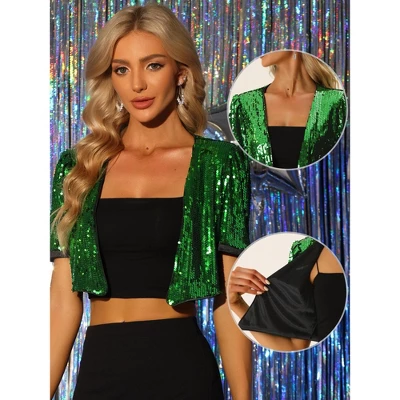 Allegra K Women's Puff Short Sleeve Open Front Party Crop Sequin Cardigan 1 Allegra K Women's Puff Short Sleeve Open Front Party Crop Sequin Cardigan