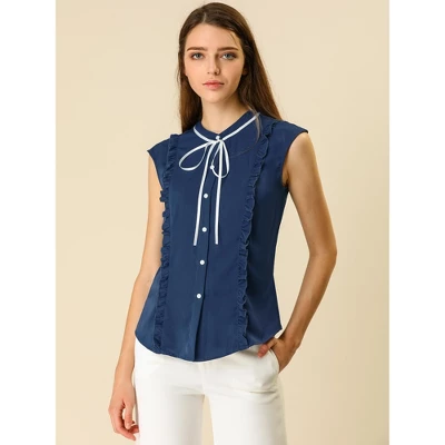 Allegra K Women's Cute Tie Neck Sleeveless Ruffle Button Down Chiffon Summer Shirt 2 Allegra K Women's Cute Tie Neck Sleeveless Ruffle Button Down Chiffon Summer Shirt - Image 2