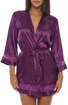 Womens Short Satin Lace Trim Robe, Silk Like Loungewear 6 Womens Short Satin Lace Trim Robe, Silk Like Loungewear - Image 6