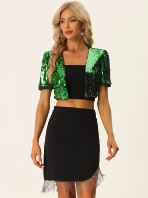 Allegra K Women's Puff Short Sleeve Open Front Party Crop Sequin Cardigan 3 Allegra K Women's Puff Short Sleeve Open Front Party Crop Sequin Cardigan - Image 3