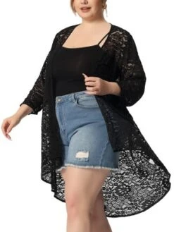 Agnes Orinda Women's Plus Size Lace Sheer High Low 3/4 Sleeve Open Front Cardigan