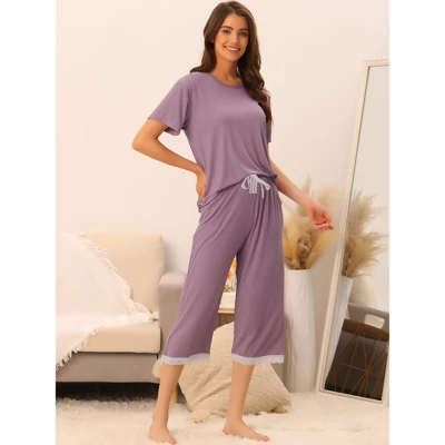 Cheibear Women's Modal Loose Summer Lace Trim Short Sleeve Carpri Pajama Set 1 Cheibear Women's Modal Loose Summer Lace Trim Short Sleeve Carpri Pajama Set