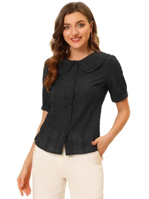 Allegra K Women's Peter Pan Collar Swiss Dots Short Sleeves Button Front Shirt 9 Allegra K Women's Peter Pan Collar Swiss Dots Short Sleeves Button Front Shirt - Image 9