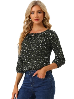 Allegra K Women's Bow Tie Round Neck 3/4 Raglan Sleeve Floral Blouse Tops 9 Allegra K Women's Bow Tie Round Neck 3/4 Raglan Sleeve Floral Blouse Tops - Image 9