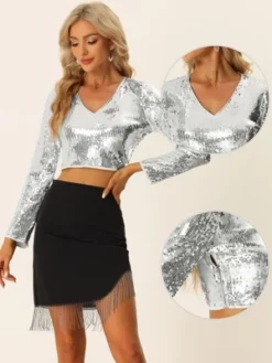 Allegra K Women's Long Sleeve V Neck Sparkly Shiny Party Blouses