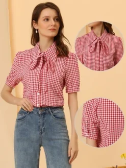 Allegra K Women's Plaid Blouse Bow Tie Neck Puff Short Sleeve Gingham Shirt