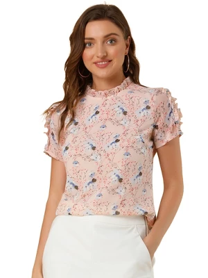 Allegra K Women's Ruffled Neck Chiffon Frill Trim Short Sleeve Floral Print Blouse Tops 6 Allegra K Women's Ruffled Neck Chiffon Frill Trim Short Sleeve Floral Print Blouse Tops - Image 6