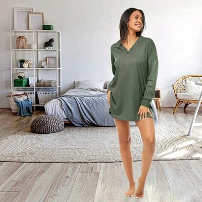 Women's Soft Ribbed Waffle Rib Knit Oversized Sleep Shirt, V-neck Night Shirt Sweater Top 1 Women's Soft Ribbed Waffle Rib Knit Oversized Sleep Shirt, V-neck Night Shirt Sweater Top