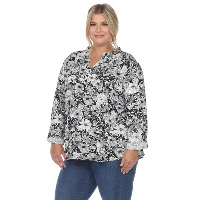 Womens Plus Pleated Long Sleeve Floral Print Blouse - White Mark 1 Womens Plus Pleated Long Sleeve Floral Print Blouse - White Mark