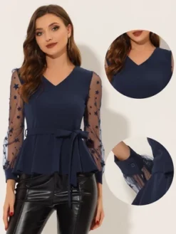 Allegra K Tie Waist Peplum Top For Women's Ruffle Hem Party V Neck Mesh Long Sleeve Blouse