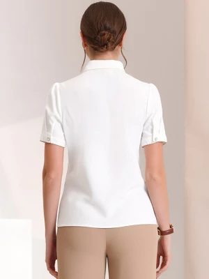 Allegra K Women's Contrast Trim Point Collar Puff Short Sleeve Button Down Shirt 2 Allegra K Women's Contrast Trim Point Collar Puff Short Sleeve Button Down Shirt - Image 2