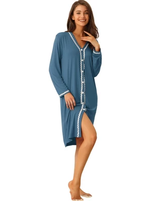 Cheibear Womens Button Down V Neck Long Sleeve Pajama Nightshirt Dress 7 Cheibear Womens Button Down V Neck Long Sleeve Pajama Nightshirt Dress - Image 7