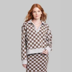 Women's Ascot + Hart Collared Checkered Long Sleeved Graphic Pullover