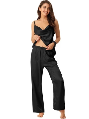 Cheibear Womens Satin Sleepwear Cowl Neck Cami Top With Long Pant PJ Loungewear Silky Pajama Set 8 Cheibear Womens Satin Sleepwear Cowl Neck Cami Top With Long Pant PJ Loungewear Silky Pajama Set - Image 8