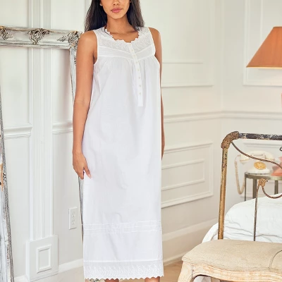 Women's Cotton Victorian Nightgown, Sybil Sleeveless Lace Trimmed Button Up Long Vintage Night Dress Gown 2 Women's Cotton Victorian Nightgown, Sybil Sleeveless Lace Trimmed Button Up Long Vintage Night Dress Gown - Image 2