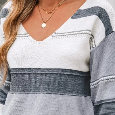 Women's Striped Colorblock V-Neck Sweater - Cupshe 1 Women's Striped Colorblock V-Neck Sweater - Cupshe