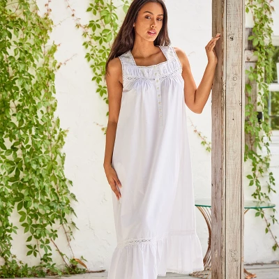 Women's Cotton Victorian Nightgown, Phoebe Sleeveless Lace Trimmed Button Up Long Vintage Night Dress Gown 2 Women's Cotton Victorian Nightgown, Phoebe Sleeveless Lace Trimmed Button Up Long Vintage Night Dress Gown - Image 2