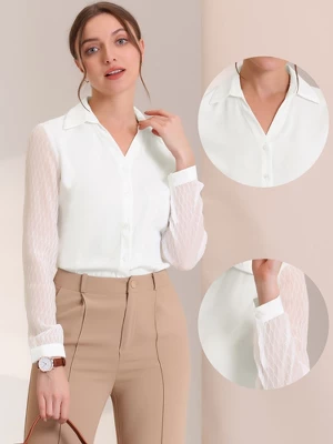 Allegra K Women's Point Collar V Neck Mesh Sleeve Button Down Work Office Shirt 1 Allegra K Women's Point Collar V Neck Mesh Sleeve Button Down Work Office Shirt