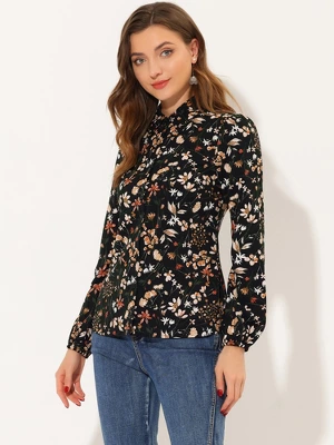 Allegra K Women's Puff Sleeve Floral Top Long Sleeve Button Down Shirt 4 Allegra K Women's Puff Sleeve Floral Top Long Sleeve Button Down Shirt - Image 4