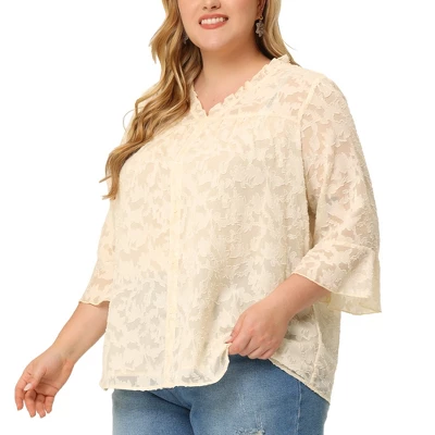 Agnes Orinda Plus Size Top For Women 3/4 Flare Sleeve V Neck Semi Sheer Blouses 1 Agnes Orinda Plus Size Top For Women 3/4 Flare Sleeve V Neck Semi Sheer Blouses
