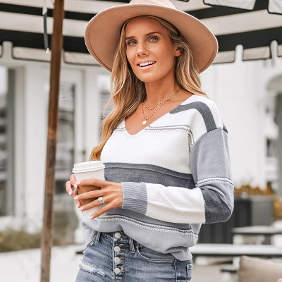 Women's Striped Colorblock V-Neck Sweater - Cupshe 2 Women's Striped Colorblock V-Neck Sweater - Cupshe - Image 2