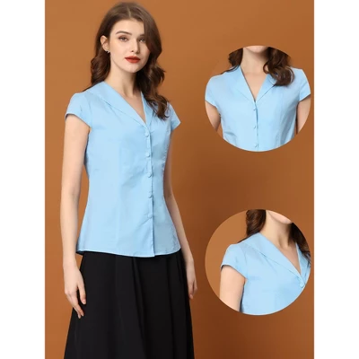 Allegra K Women's V Neck Collared Work Shirt Cap Sleeve Button Down Blouse 1 Allegra K Women's V Neck Collared Work Shirt Cap Sleeve Button Down Blouse