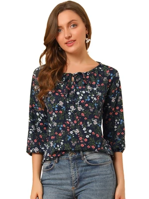 Allegra K Women's Bow Tie Round Neck 3/4 Raglan Sleeve Floral Blouse Tops 10 Allegra K Women's Bow Tie Round Neck 3/4 Raglan Sleeve Floral Blouse Tops - Image 10