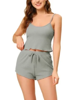 Cheibear Womens Sleepwear Pajama Knit Spaghetti Strap Cami Tops Shorts Lounge Pj Set
