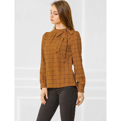 Allegra K Women's Bow Tie Neck Grid Checks Office Work Blouses 3 Allegra K Women's Bow Tie Neck Grid Checks Office Work Blouses - Image 3