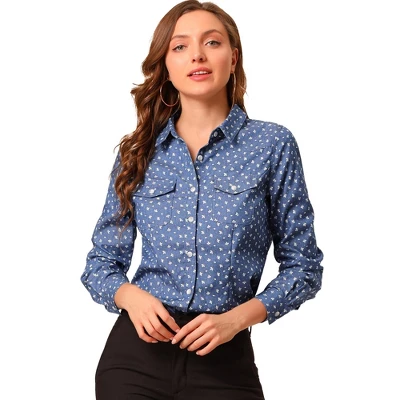 Allegra K Women's Point Collar Chest Pockets Button Down Dots Shirt 6 Allegra K Women's Point Collar Chest Pockets Button Down Dots Shirt - Image 6
